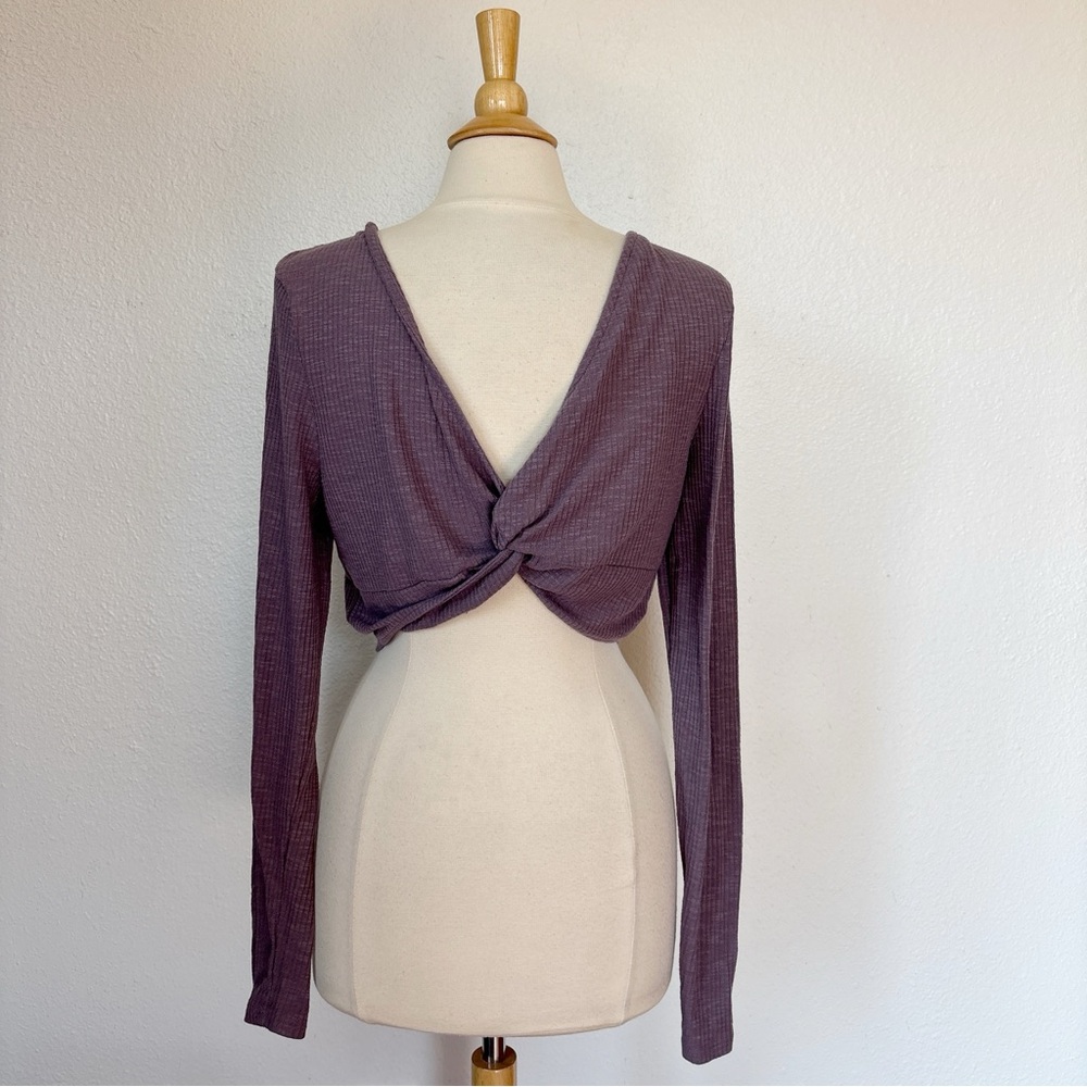 Solid Purple Textured Long Sleeve Twist Back Crop Top